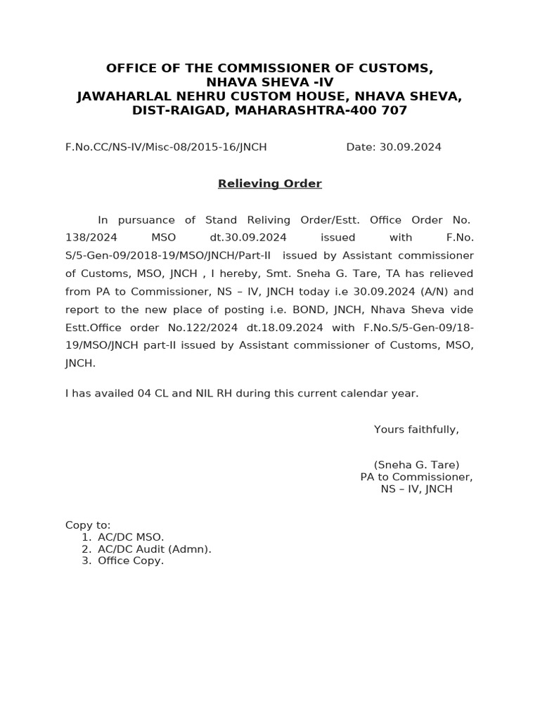 Sneha Reliving Order | PDF