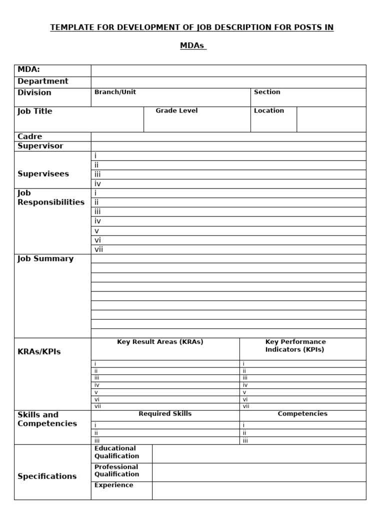 Template for Development of Job Description for Posts in Mdas Nha | PDF