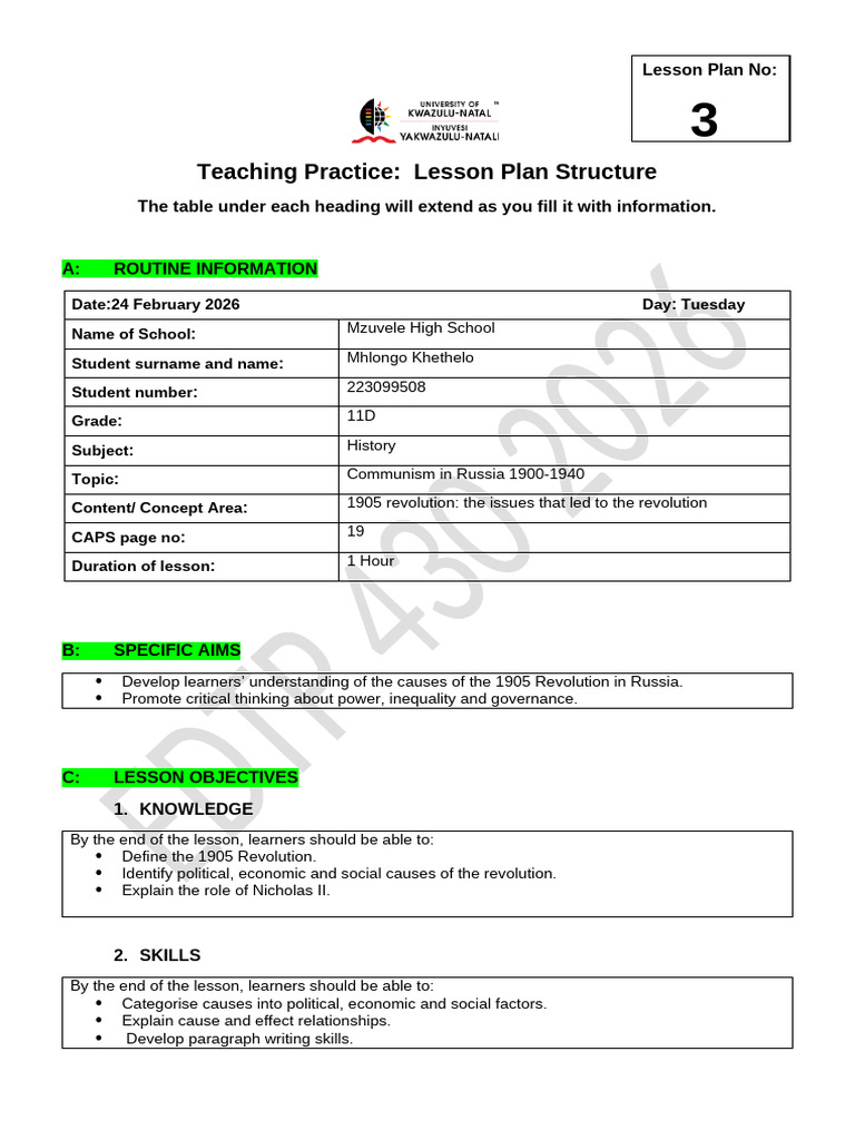 History Grade 11 Lesson Plan 3 | PDF | Lesson Plan | Learning