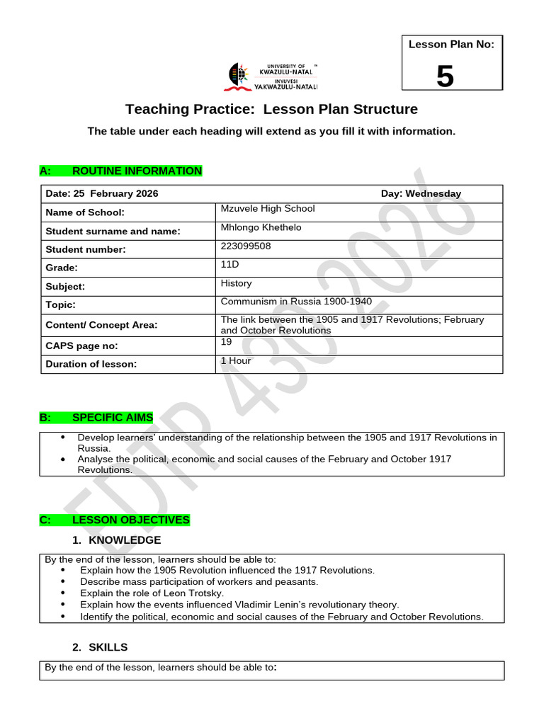 History Grade 11 Lesson Plan 5 | PDF | Vladimir Lenin | Russian Revolution