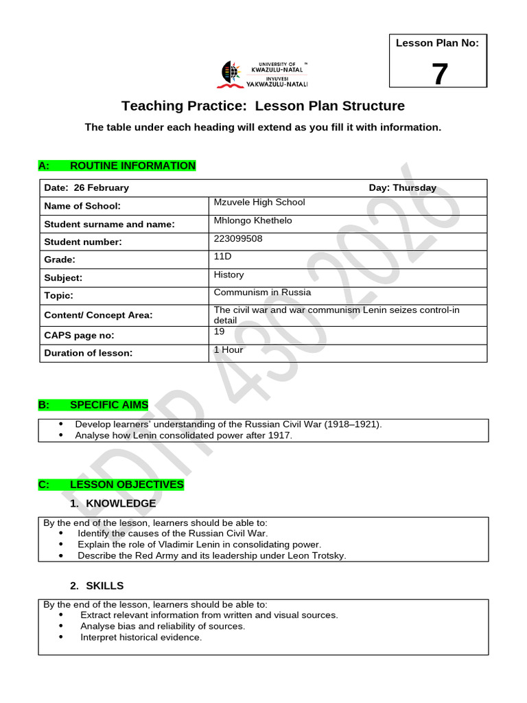 History Grade 11 Lesson Plan 7 | PDF | Lesson Plan | Vladimir Lenin