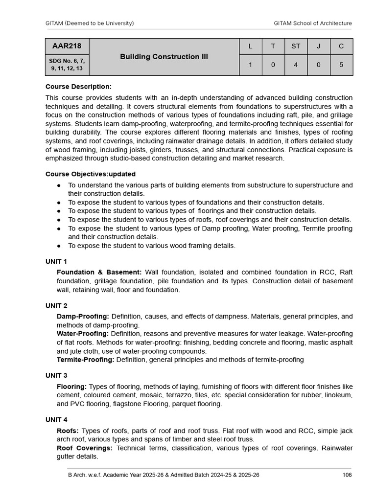 AAR218 - BUILDING - CONSTRUCTION - III - SYLLABUS LATEST (From Admitted ...