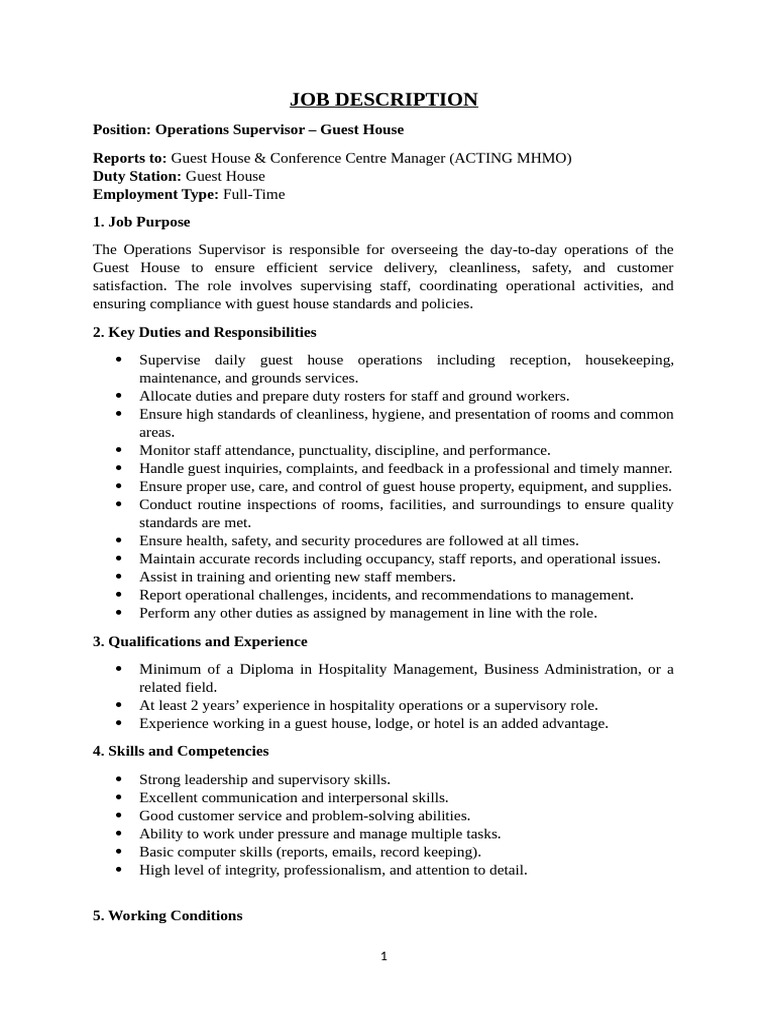 Operations Supervisor - Job Description | PDF | Occupational Safety And ...