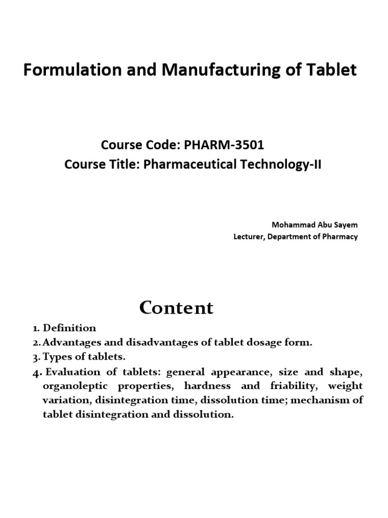 Formulation and Manufacturing of Tablet - 1 - PHARM-3501 | PDF | Tablet ...