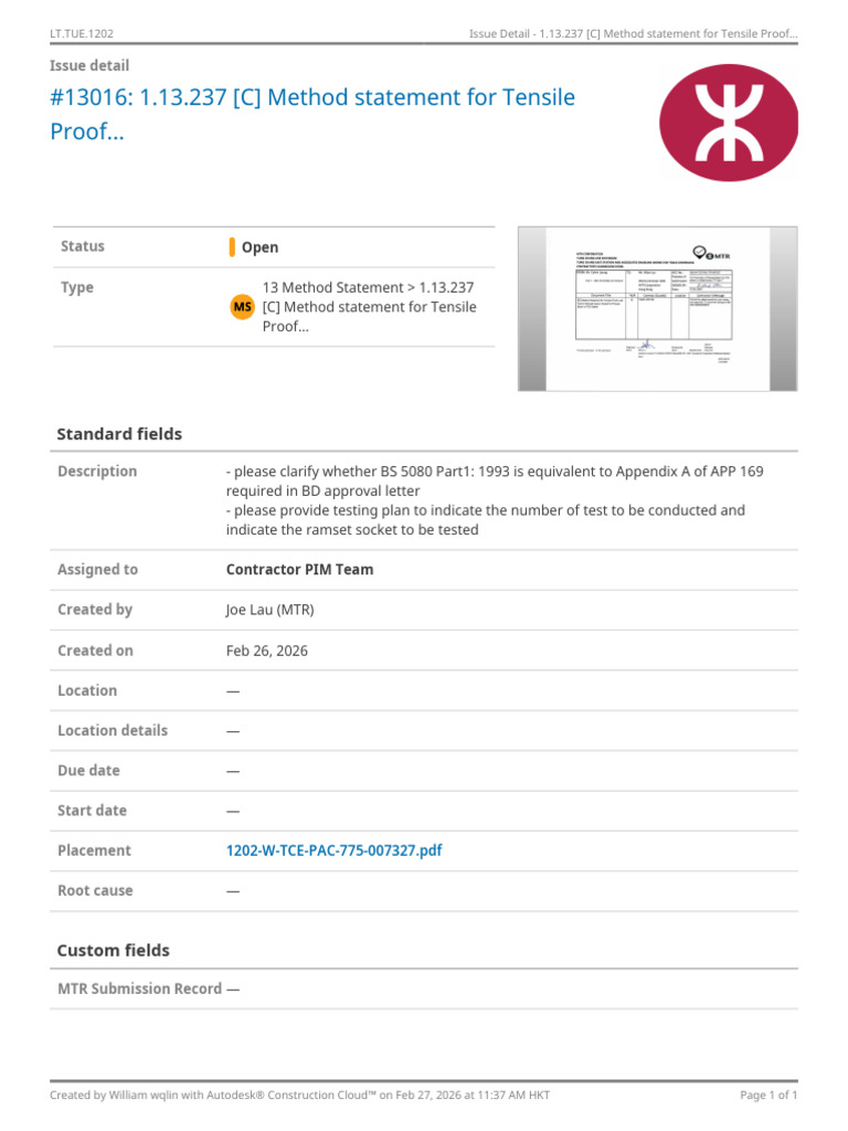 Issue Detail - 1.13.237 (C) Method Statement For Tensile Proof ...