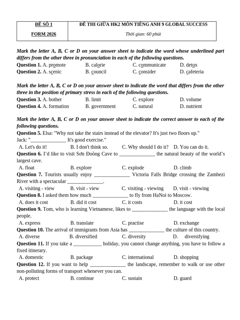 Grade 9 - Đề 1 (23 Bản) | PDF | Tourism | English Language