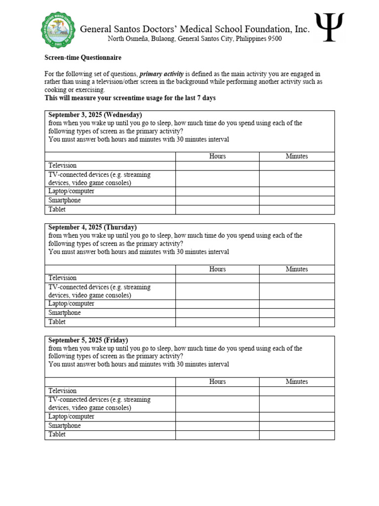615108067 Screen Time Questionnaire | PDF | Workweek And Weekend ...