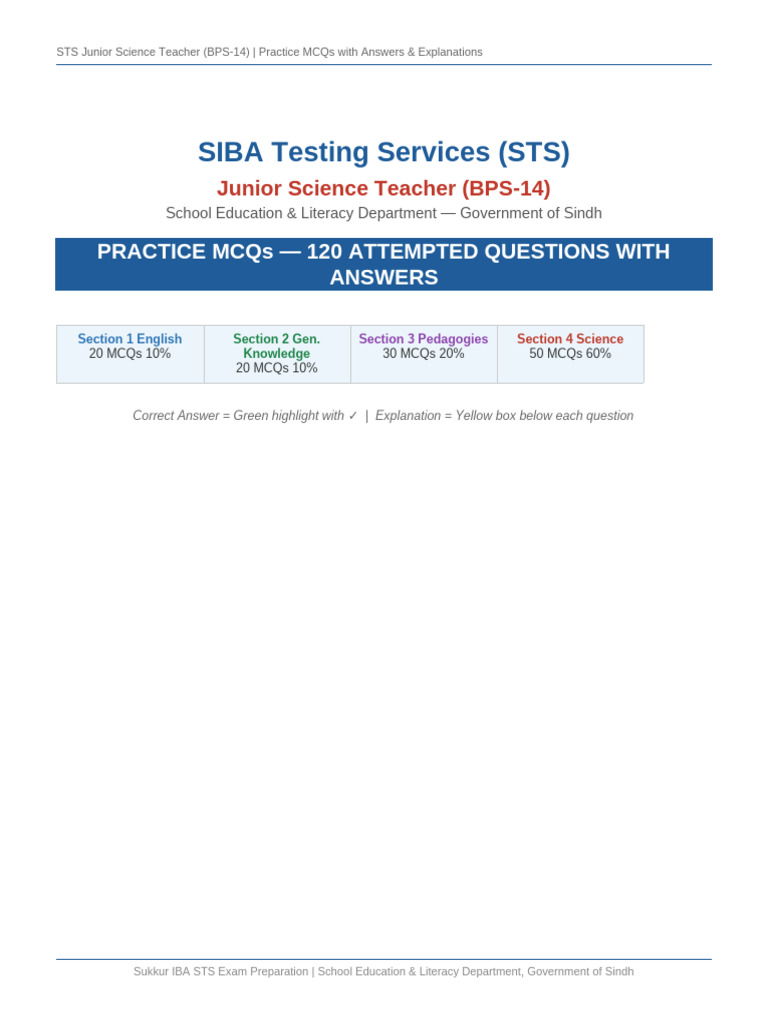 STS JST MCQ Practice 120 Questions | PDF | Cell (Biology) | Pakistan