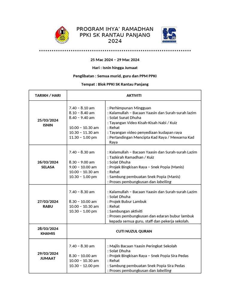 Tentatif Program Ihya Ramadhan Ppki 2024 | PDF