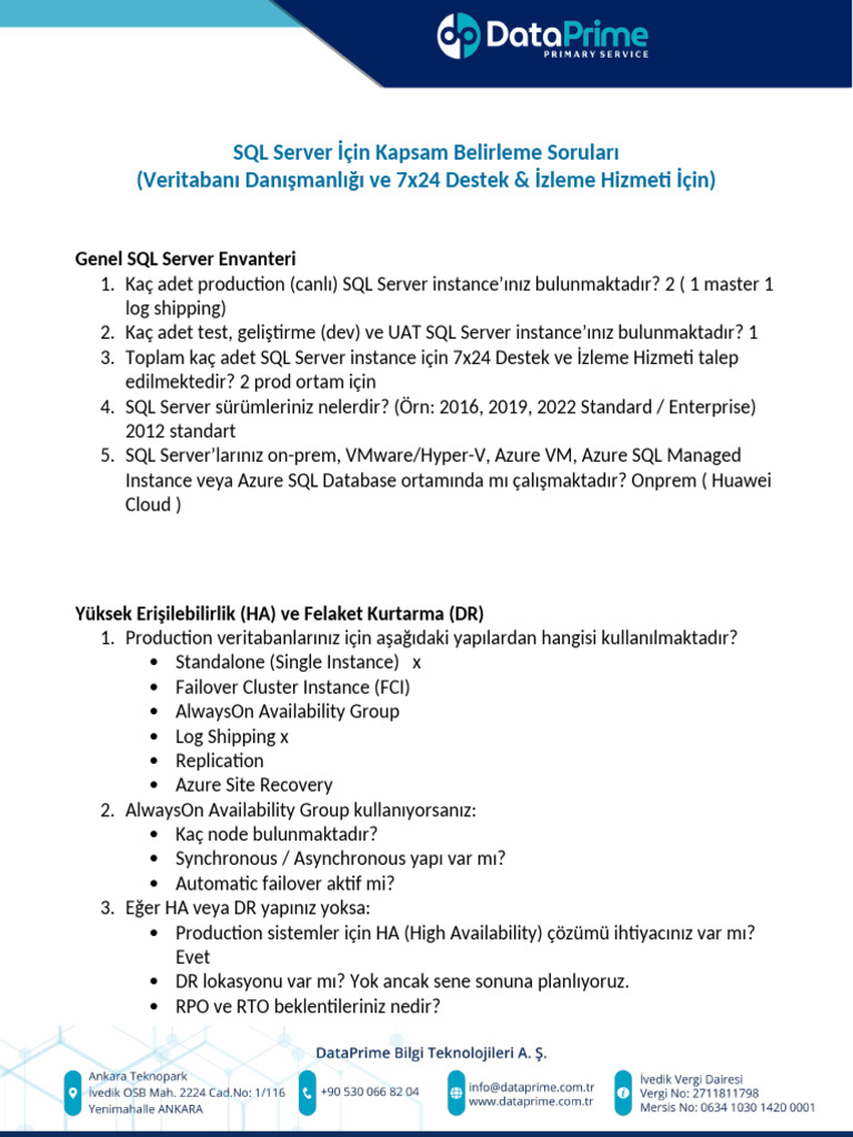 Support Questionnaire for SQL Server | PDF