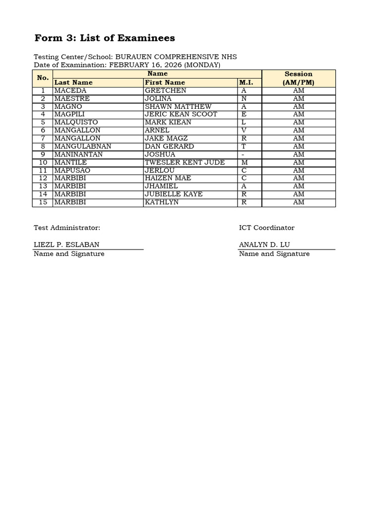 Cb Ncae Form 3 Final Bcnhs List of Examinees d9 (5) | PDF