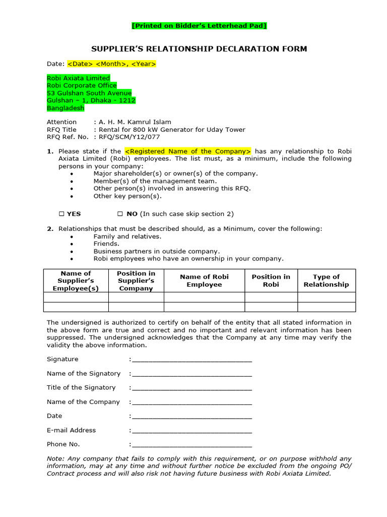 03 Appendix B_Supplier Relationship Declaration Form | PDF
