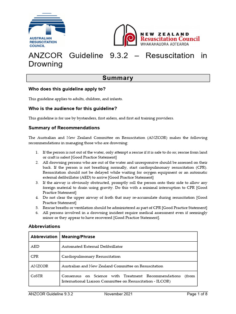 ANZCOR Guideline 9.3.2 Resuscitation in Drowning Nov 2021 | PDF ...