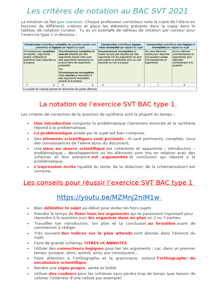 Les Critères de Notation Au BAC SVT 2021 T1 | PDF