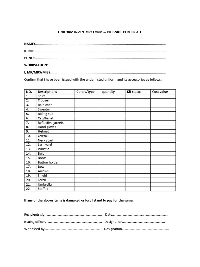 Uniform Inventory Form | PDF