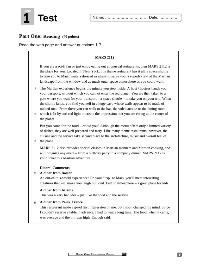 HS TEST Master Class Test Unit 1 | PDF
