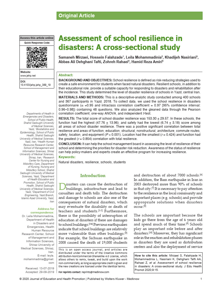 Assessment of School Resilience in Disasters a.15 | PDF | Statistical ...