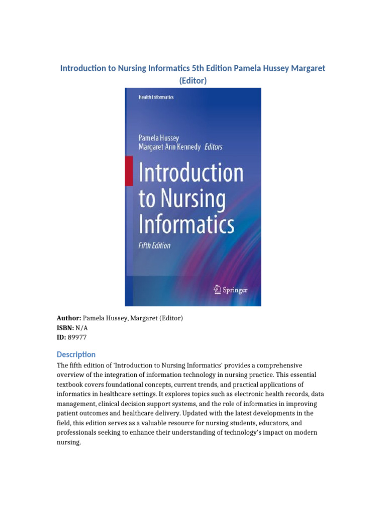 Introduction To Nursing Informatics 5th Edition Pamela Hussey Margaret ...