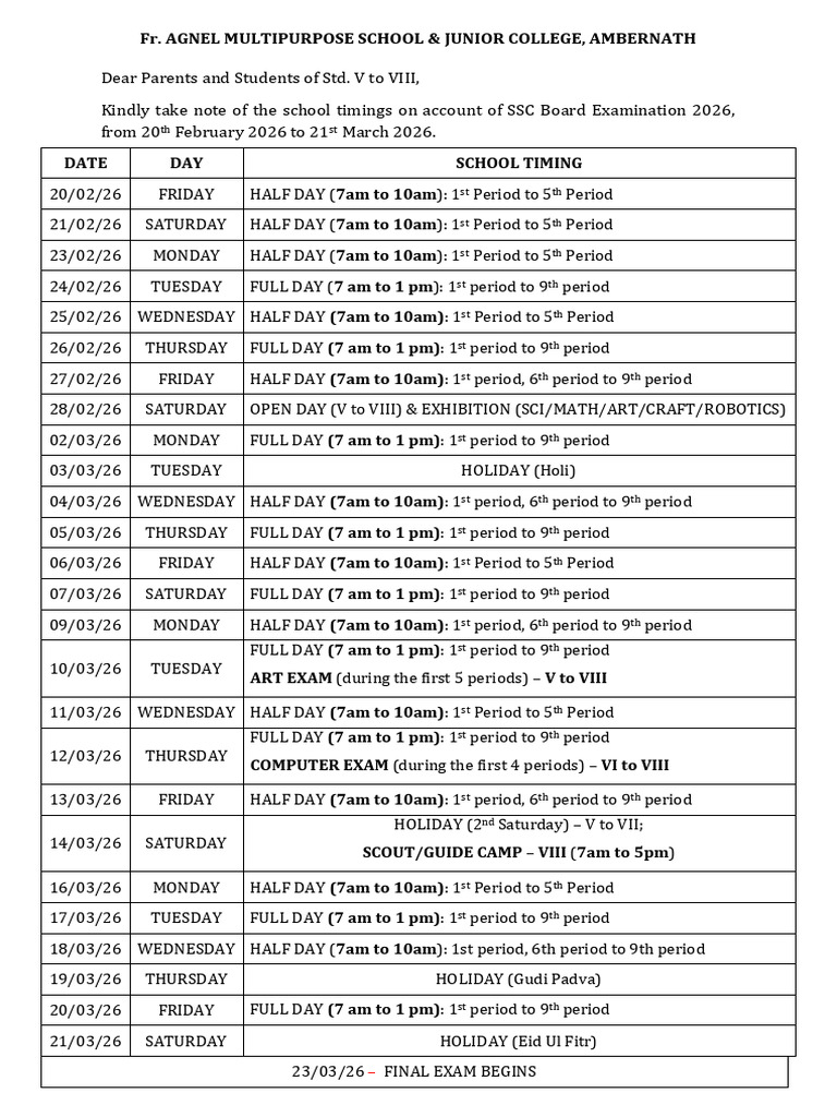 Ssc Exam Days - Half Day Timetable(v - Viii) | PDF