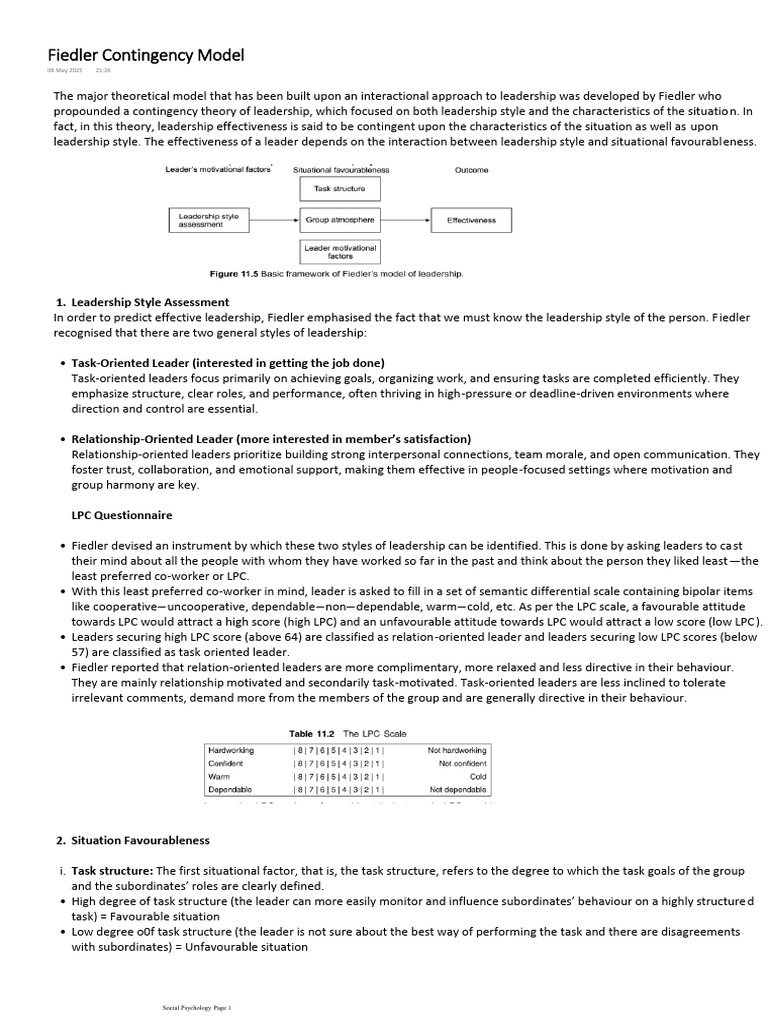 Fiedler Contingency Model | PDF | Leadership | Psychology