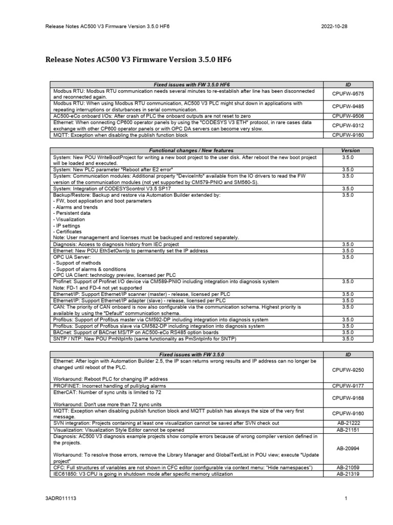 Release Notes AC500 V3 Firmware Version 3.5.0 HF6 | PDF | Programmable ...