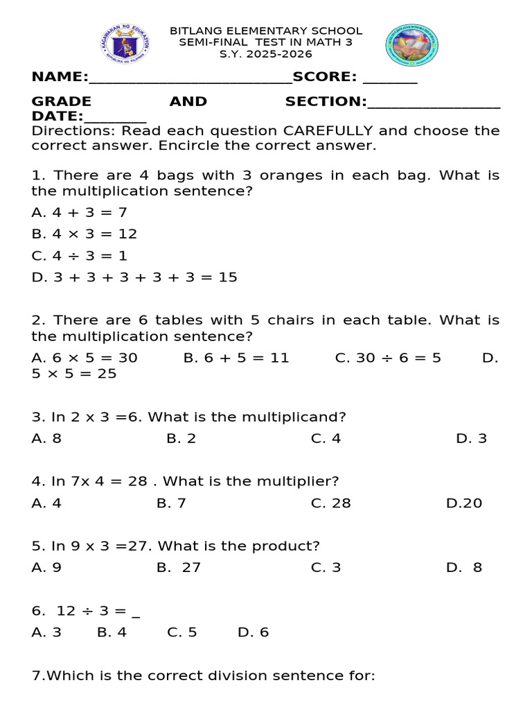Math Semi Final Test Paper | PDF | Division (Mathematics) | Multiplication
