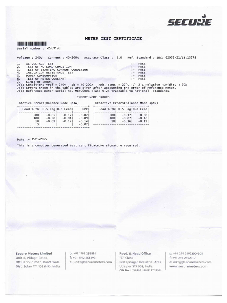 Test Report Secure Energy Meter Prodigy Mj | PDF