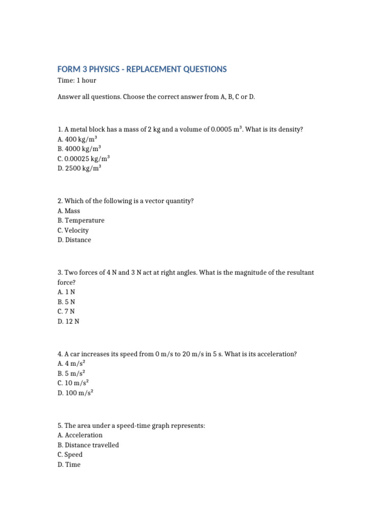 Form 3 Physics Replacement Questions-1 | PDF | Force | Acceleration