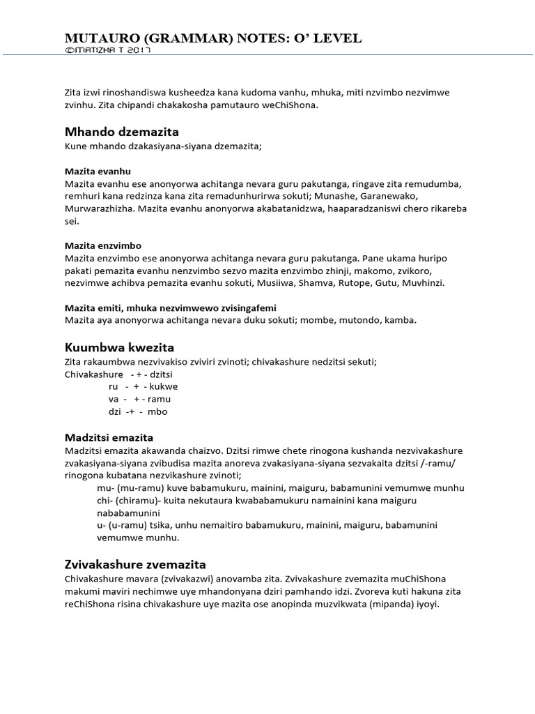 Shona Mutauro Notes | PDF | Linguistics | Language Mechanics
