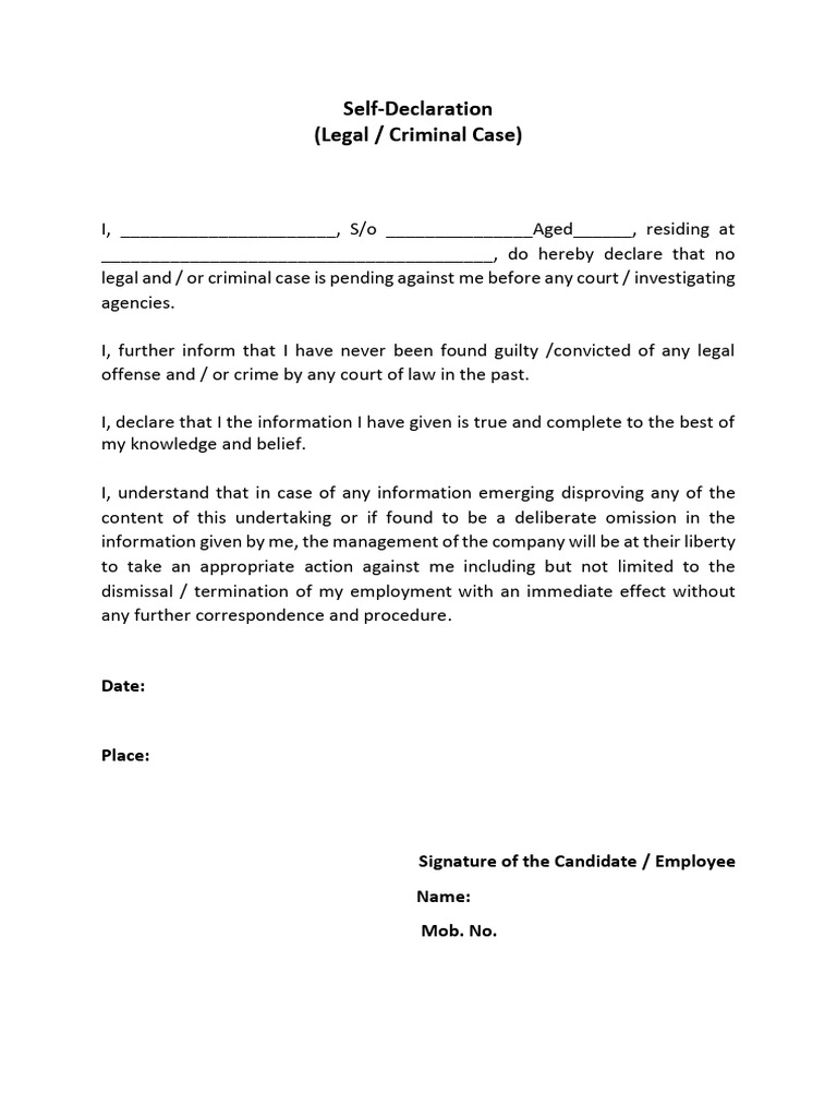 Self Declaration Criminal Form | PDF