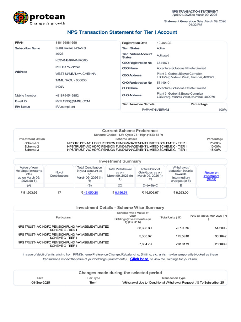 NPS Transaction Statement For Tier I Account: Current Scheme Preference ...