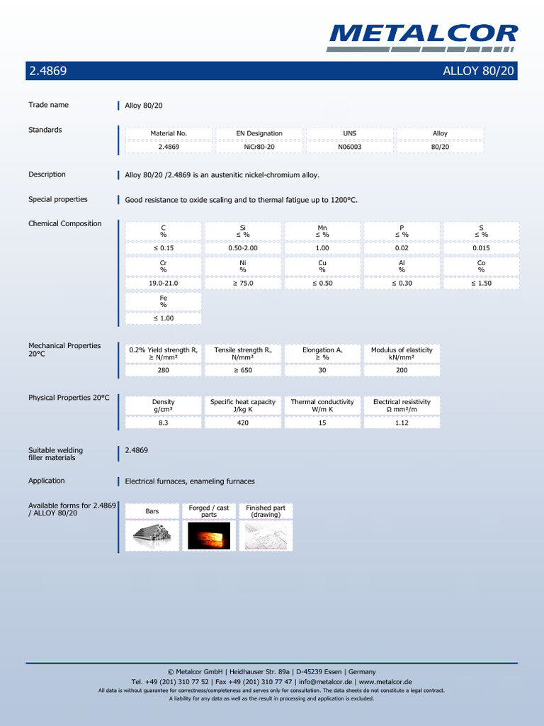 Metalcor 2.4869 Alloy 8020 | PDF | Metals | Applied And ...