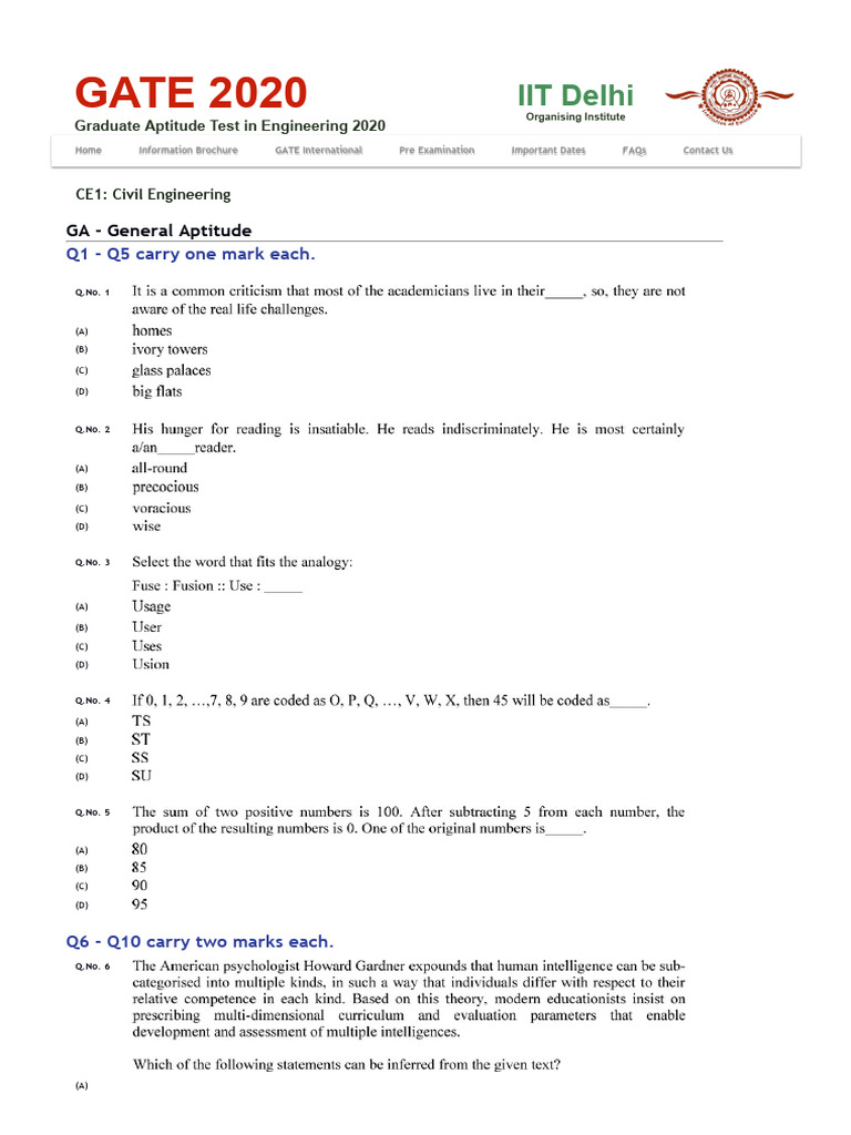 GATE CE 2020 Question Paper | PDF | Tests | Student Assessment And ...