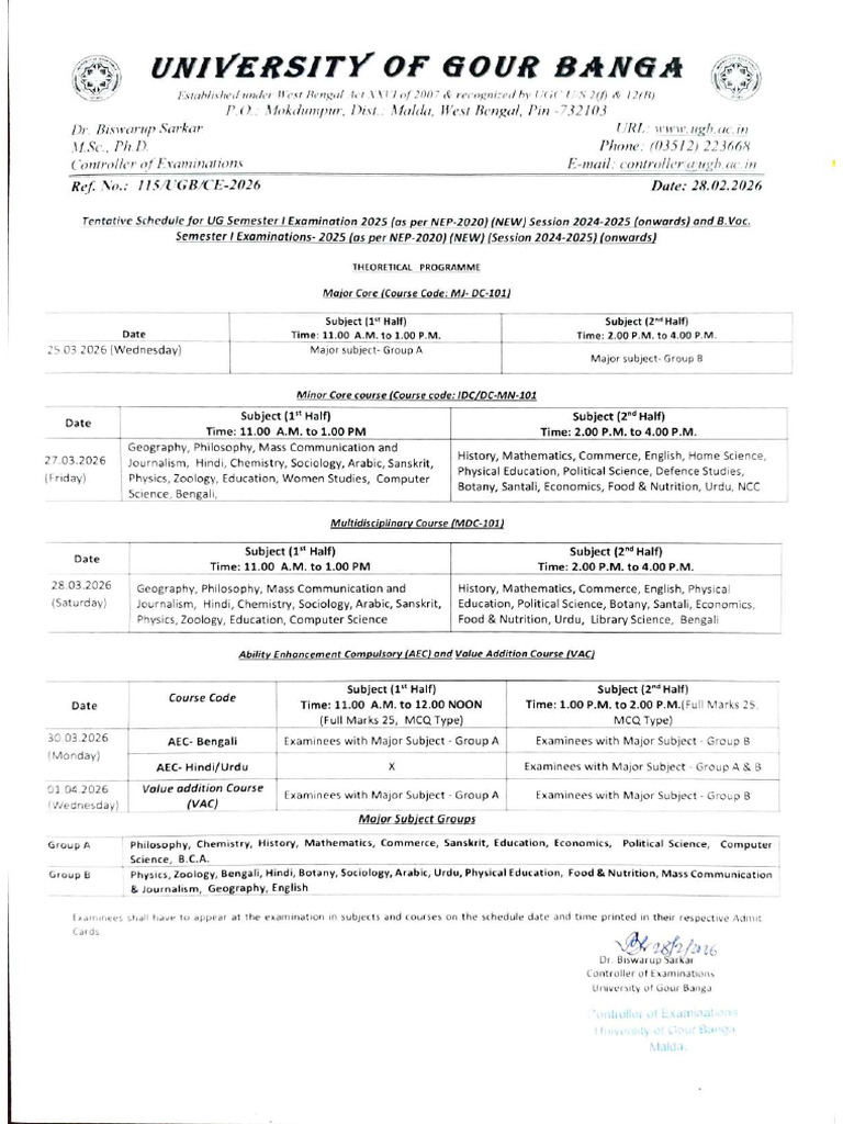 Tentative Schedule for UG Semester I Examination 2025 (as Per NEP 2020 ...