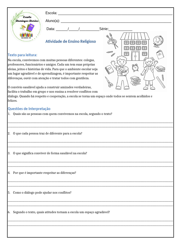 Atividade Ensino Religioso 5 Ano | PDF | Escolas