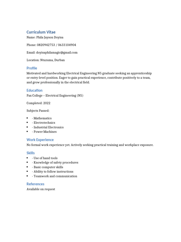 Phila Jayson Doyisa Electrical CV | PDF