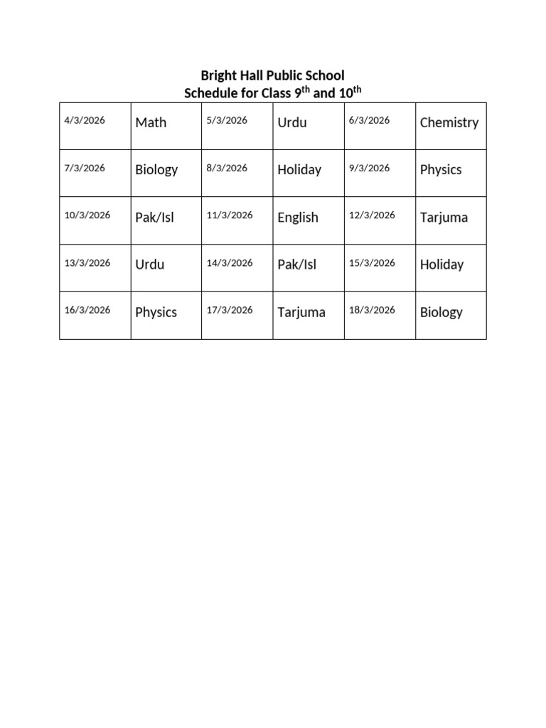 Schedule For Class 9th and 10th | PDF