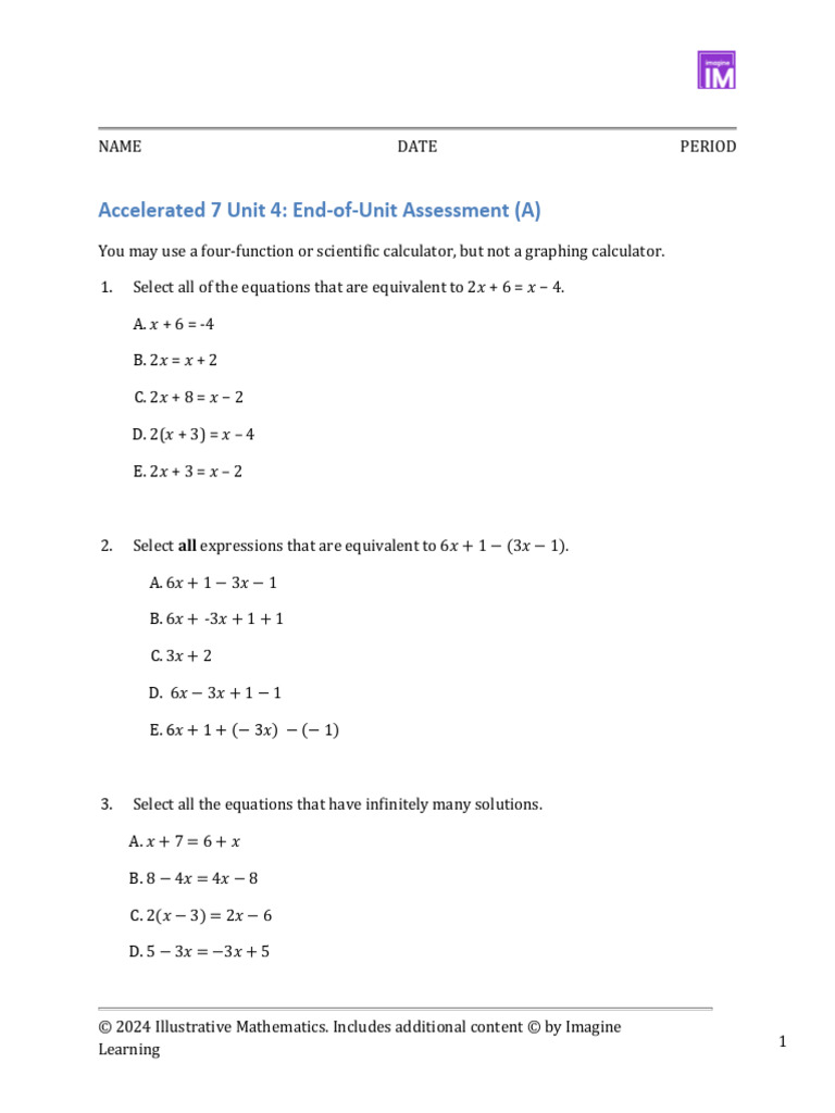 Accelerated7 4 End of Unit Assessment (A) Assessment. | PDF | Mathematics