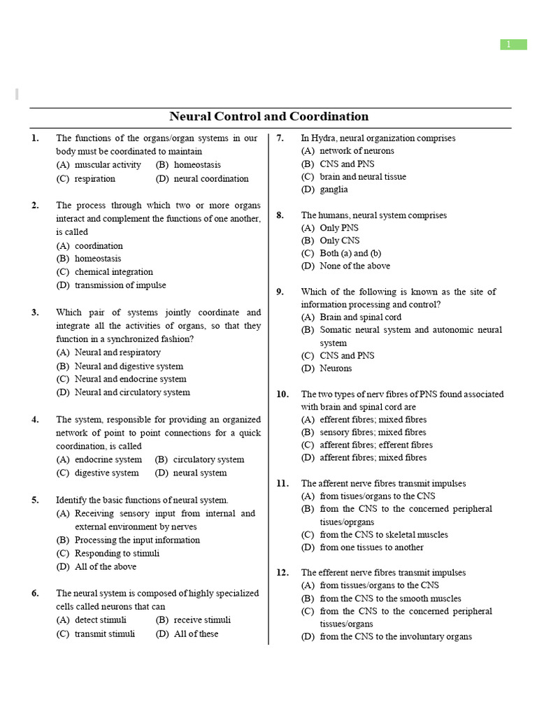 Neural Control and Coordination - Zoolog | PDF | Chemical Synapse ...