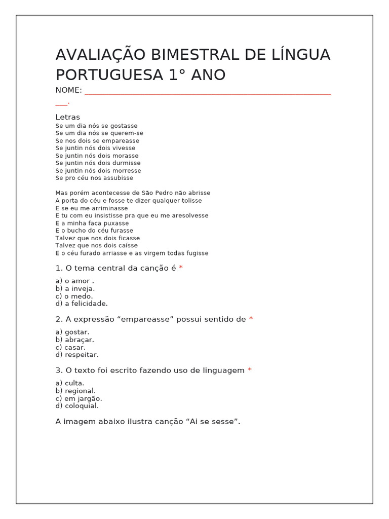 Avaliação Bimestral de Língua Portuguesa 1ano | PDF