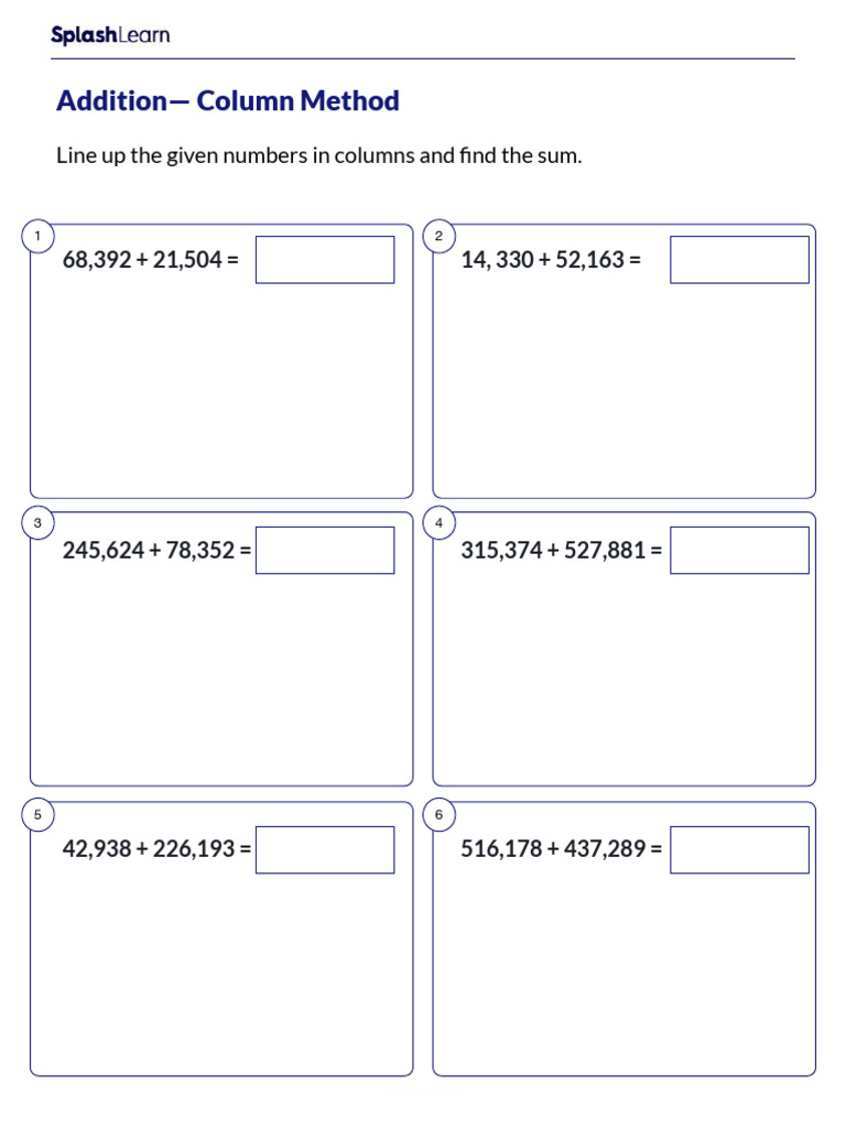 Add the Numbers Using the Column Method Worksheet | PDF