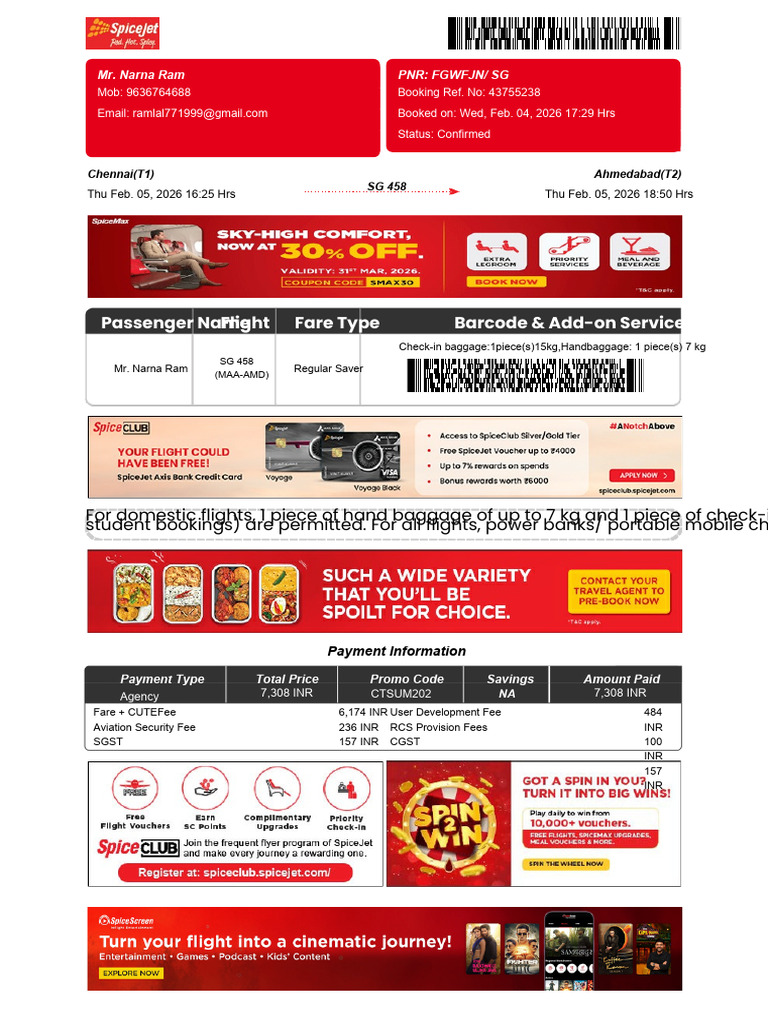 SpiceJet - E-Ticket - PNR - FGWFJN 05 Feb 2026 Chennai-Ahmedabad For MR ...