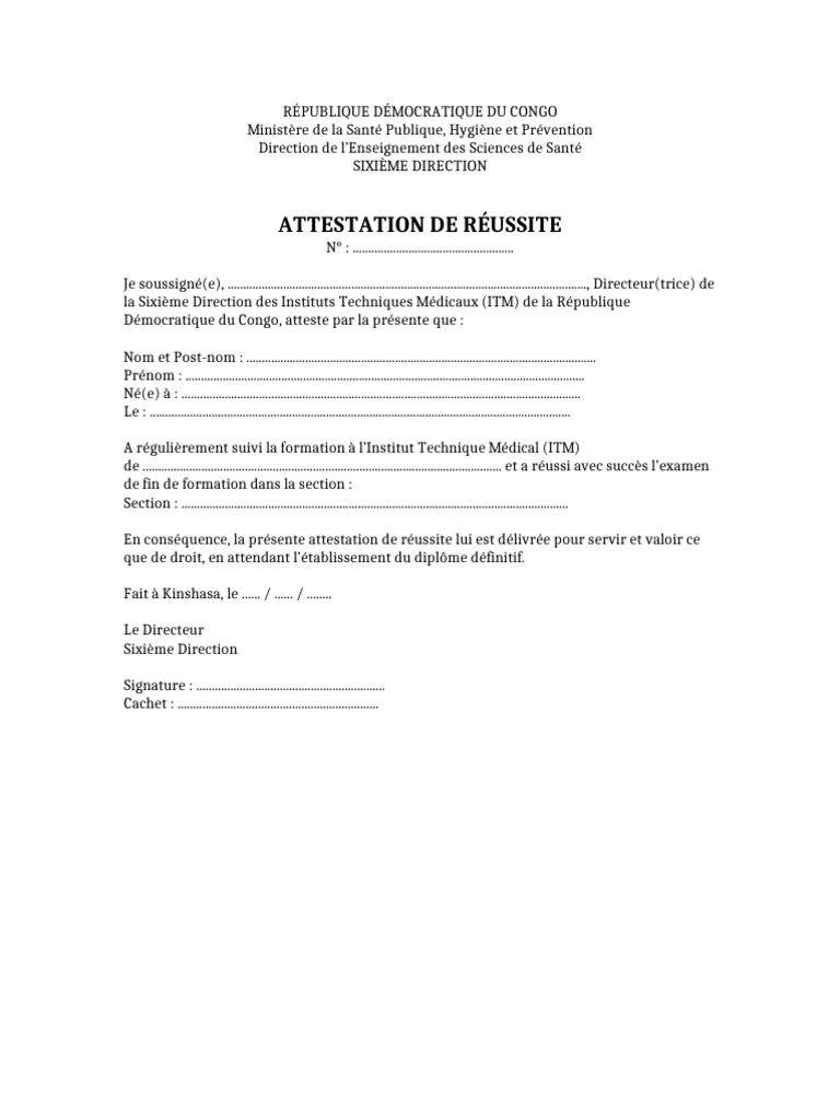 Attestation Reussite ITM Sixieme Direction RDC | PDF