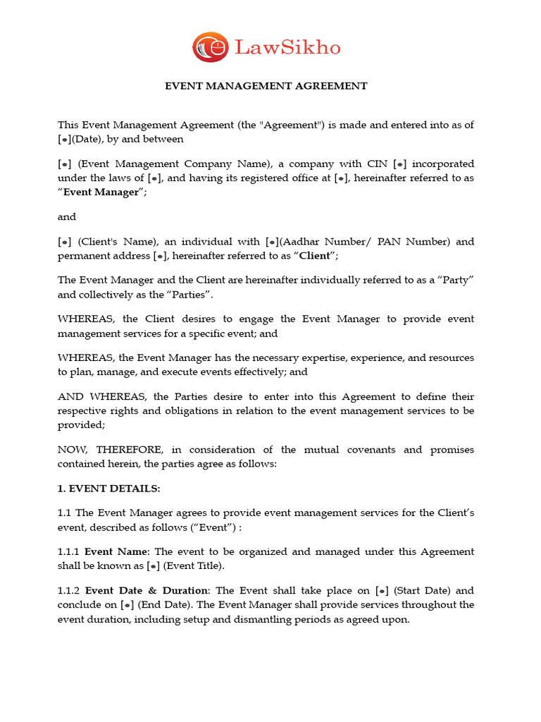 Event Management Agreement - Template | PDF | Indemnity | Common Law
