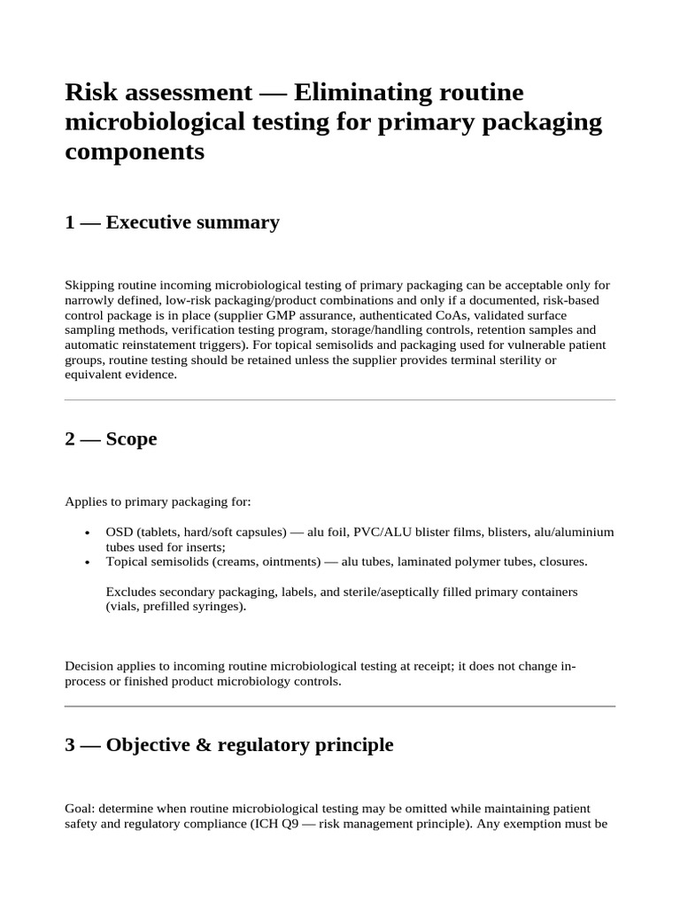 Risk Assessment — Eliminating Routine Microbiological Testing for ...