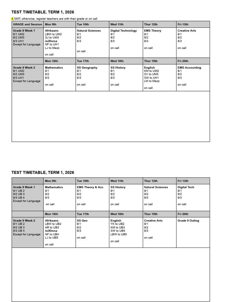 Test Week Timetable, Term 1, 2026 For Learners and Parents | PDF | Science