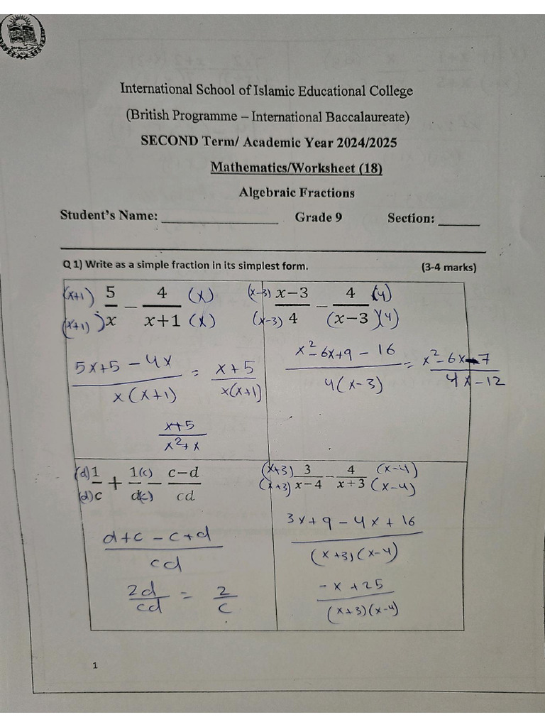 Answer Key 18 Simplifying Algebraic Fractions | PDF