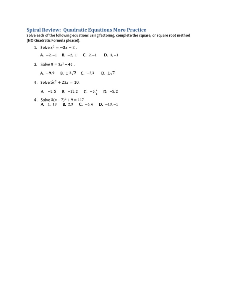 Review Quadratic Equations More Practice | PDF | Teaching Methods ...