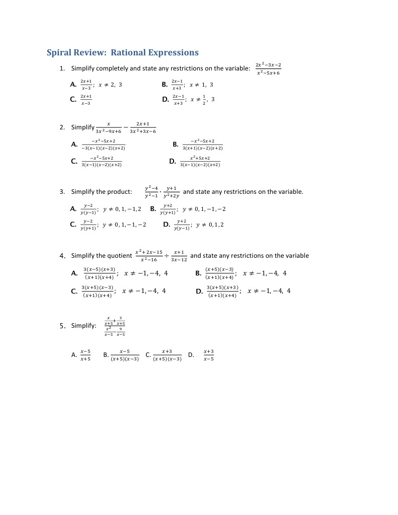 Spiral Review of Rational Expressions | PDF