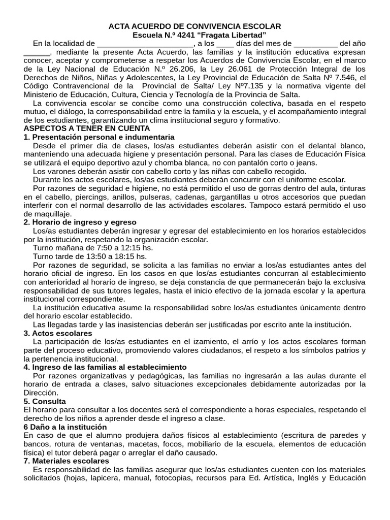 Acta Acuerdo de Convivencia Escolar 2025 | PDF | Escuelas